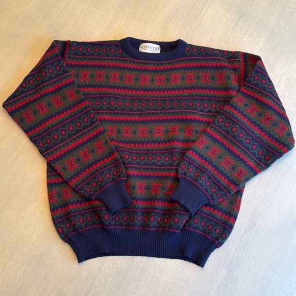 Vintage Foxhunter Blue Green Red Fair Isle Crewneck‎ Wool Blend Sweater Large - Picture 1 of 11